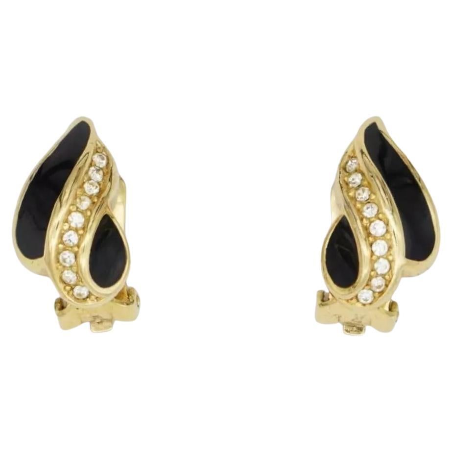 Christian Dior Vintage 1980s Crystals Black Enamel Leaf Fire Gold Clip Earrings