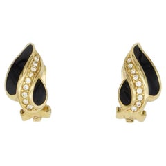 Christian Dior Vintage 1980s Crystals Black Enamel Leaf Fire Gold Clip Earrings