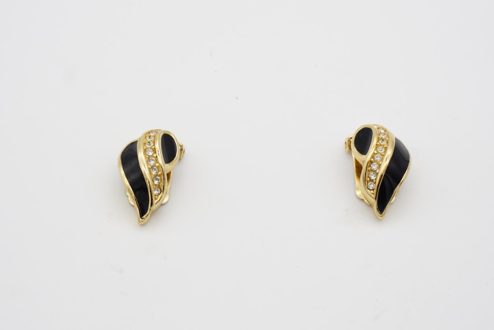 Christian Dior Vintage 1980s Crystals Black Enamel Leaf Gold Clip On Earrings For Sale 2