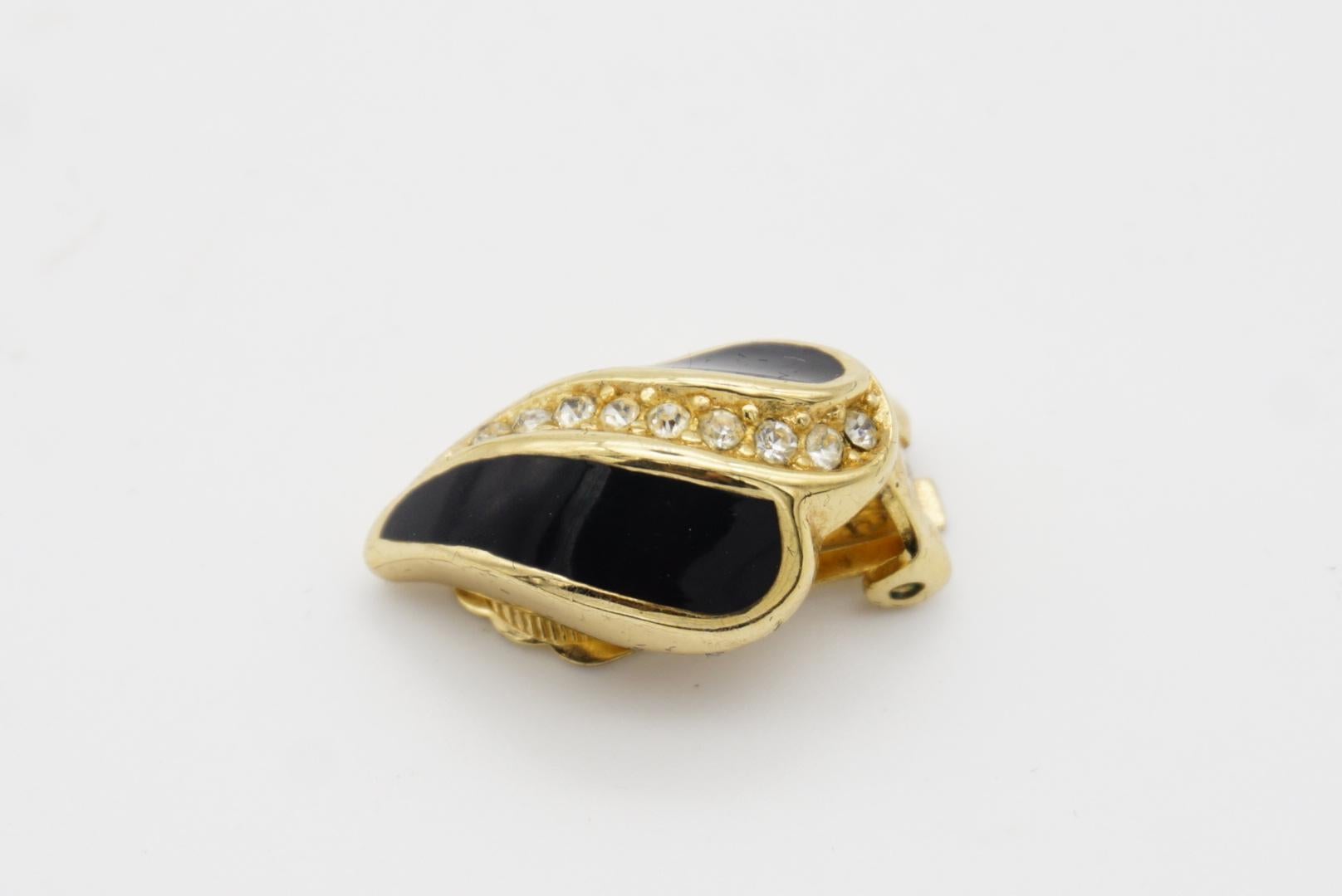Christian Dior Vintage 1980s Crystals Black Enamel Leaf Gold Clip On Earrings For Sale 4