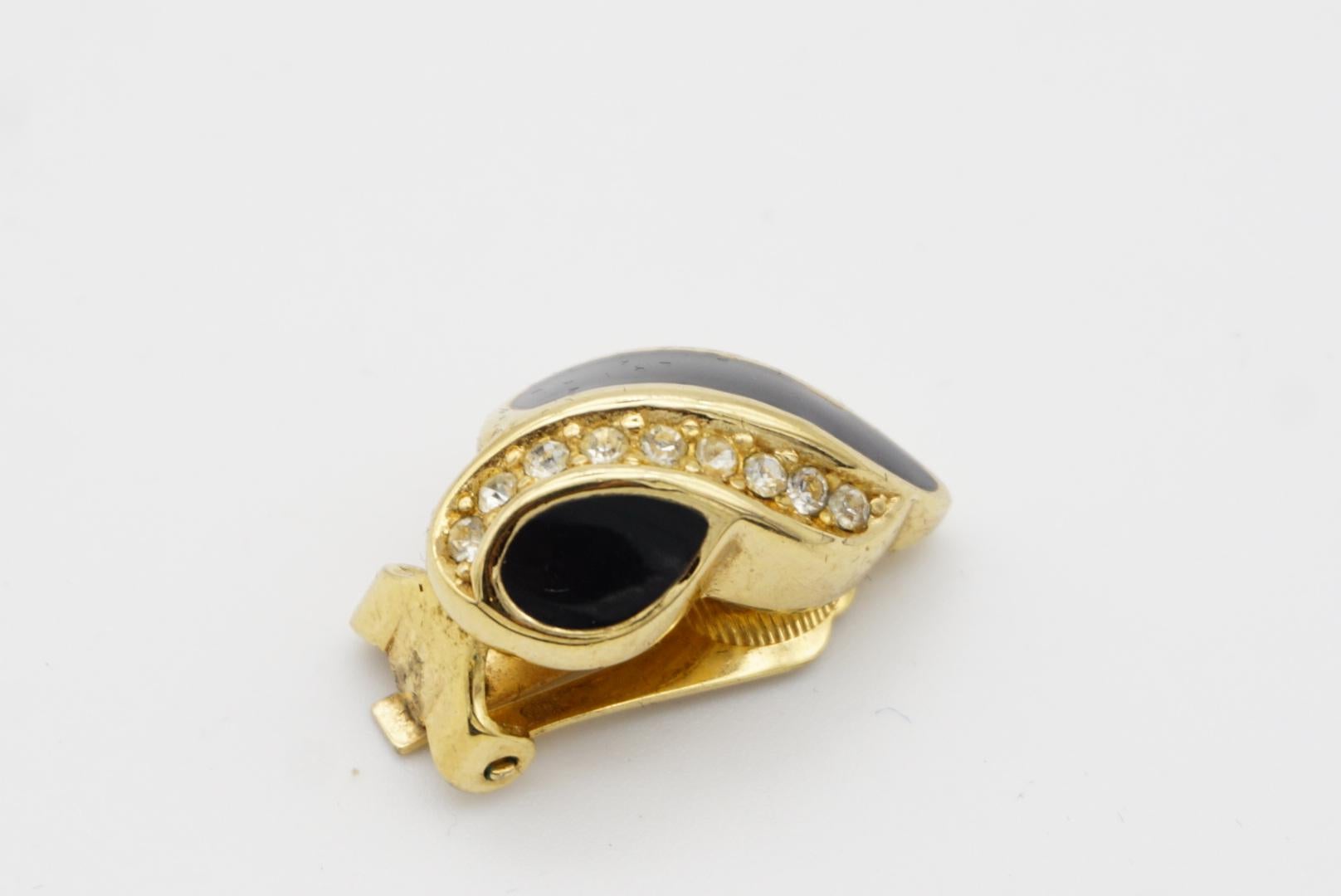 Christian Dior Vintage 1980s Crystals Black Enamel Leaf Gold Clip On Earrings For Sale 5