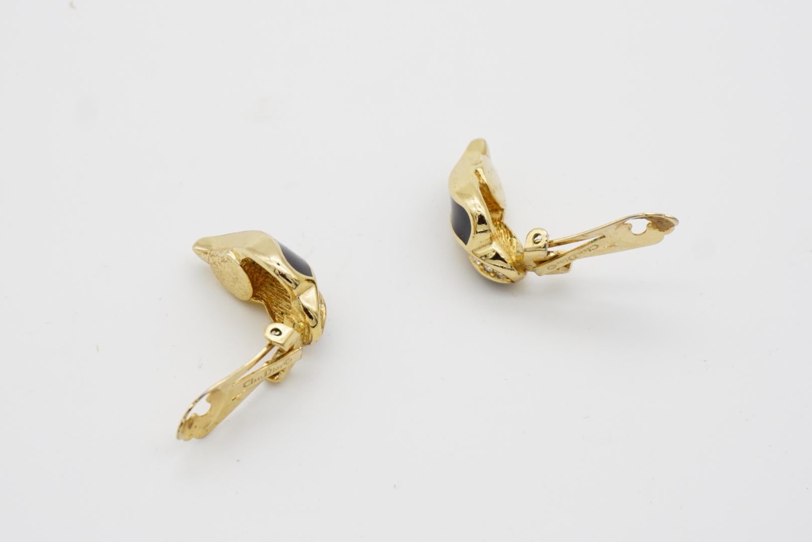 Christian Dior Vintage 1980s Crystals Black Enamel Leaf Gold Clip On Earrings For Sale 7