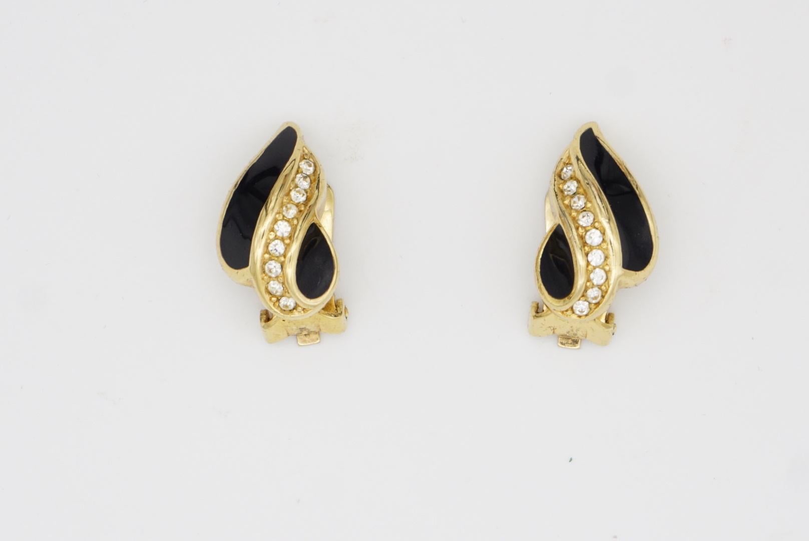 Christian Dior Vintage 1980s Crystals Black Enamel Leaf Gold Clip On Earrings For Sale 1
