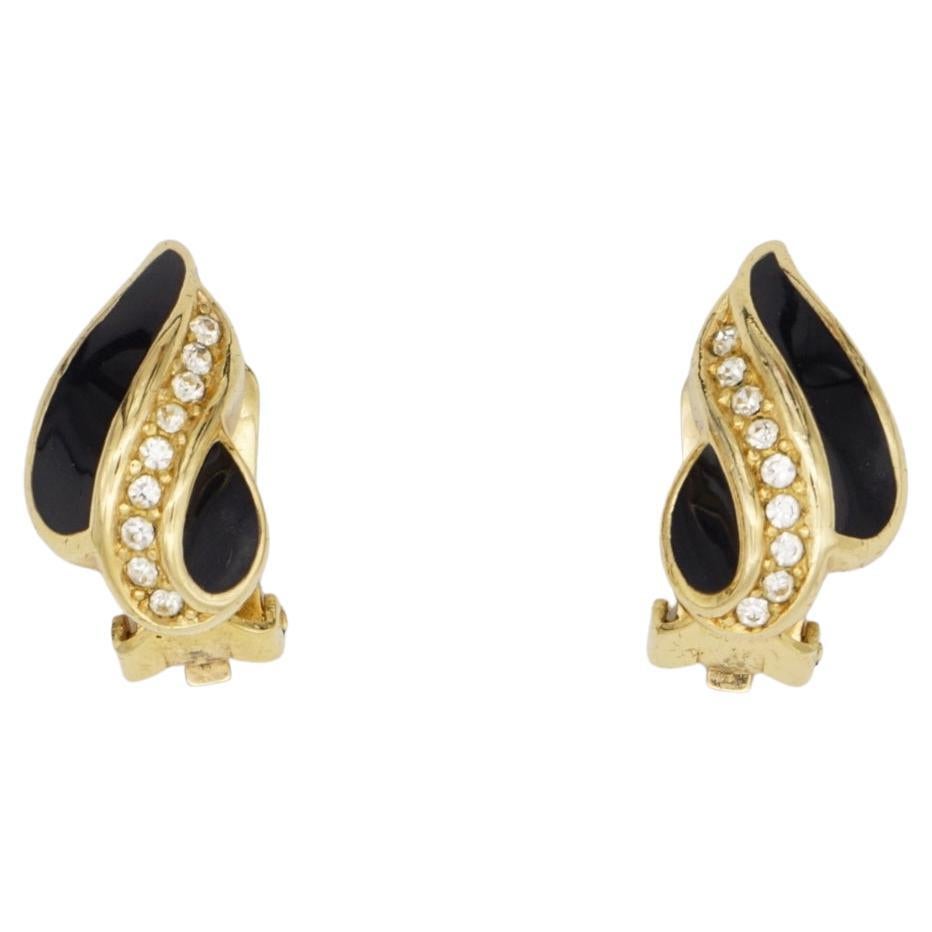 Christian Dior Vintage 1980s Crystals Black Enamel Leaf Gold Clip On Earrings For Sale