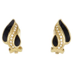 Christian Dior Retro 1980s Crystals Black Enamel Leaf Gold Clip On Earrings
