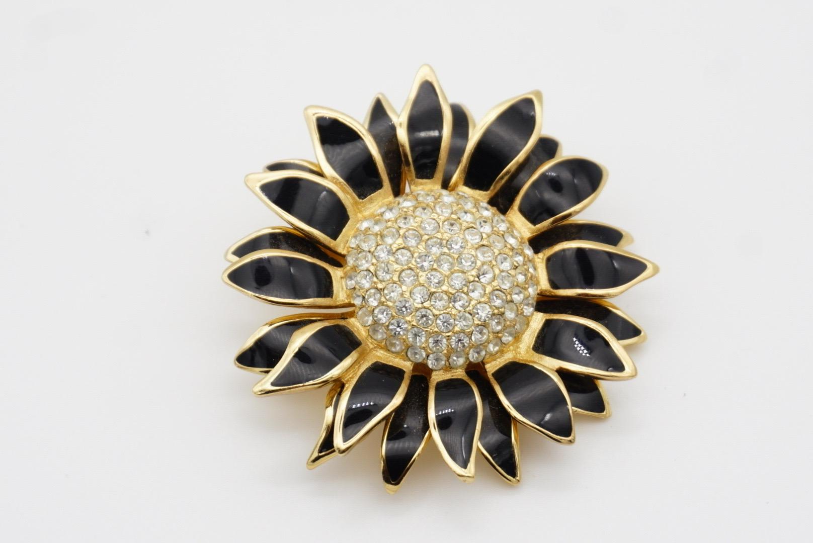 Christian Dior Vintage 1980s Crystals Black Petal Sunflower Double Layer Brooch 5