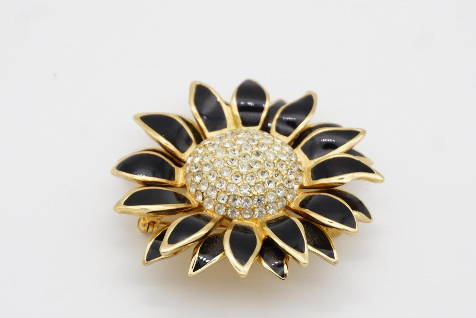 Christian Dior Vintage 1980s Crystals Black Petal Sunflower Double Layer Brooch 6