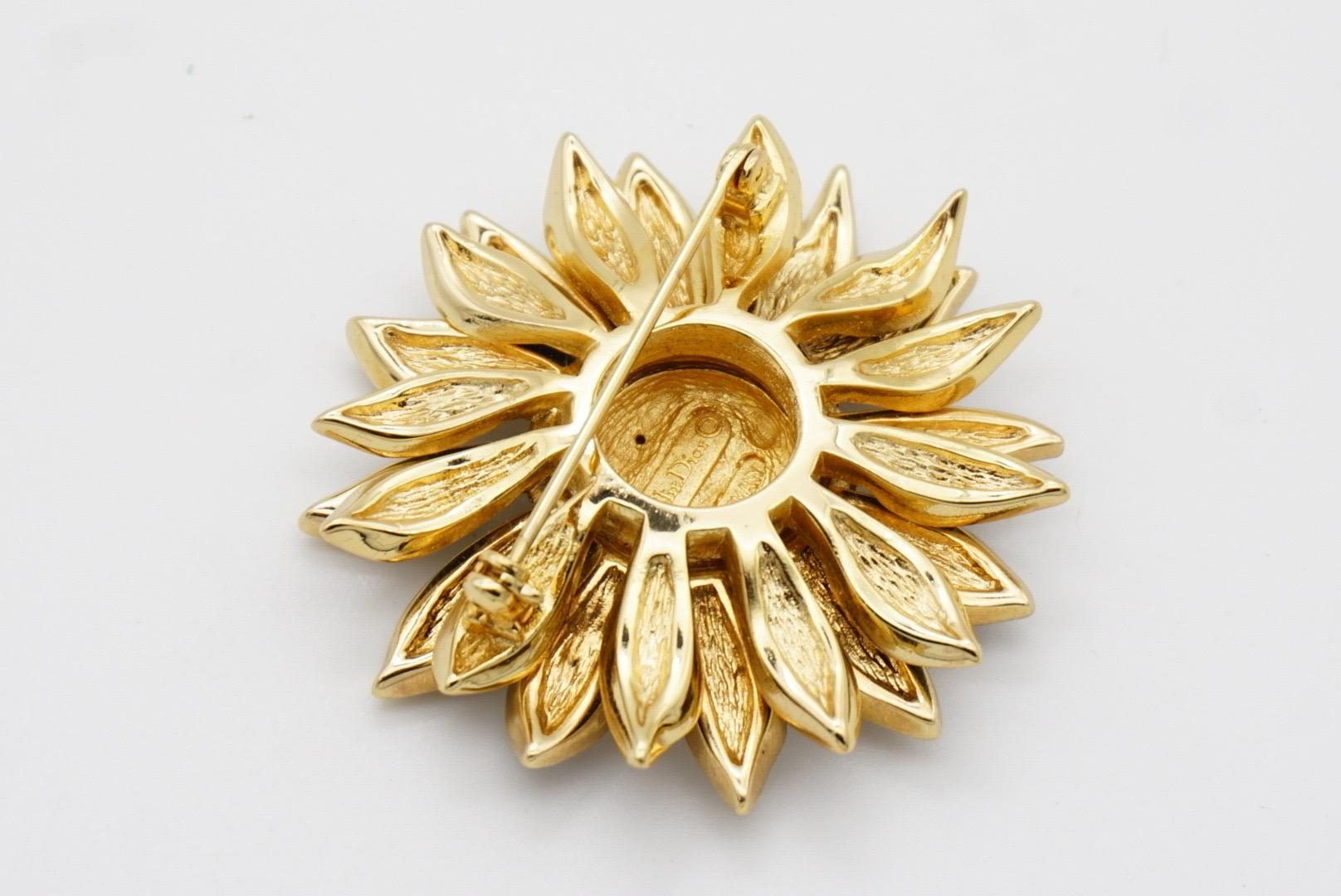 Christian Dior Vintage 1980s Crystals Black Petal Sunflower Double Layer Brooch 7