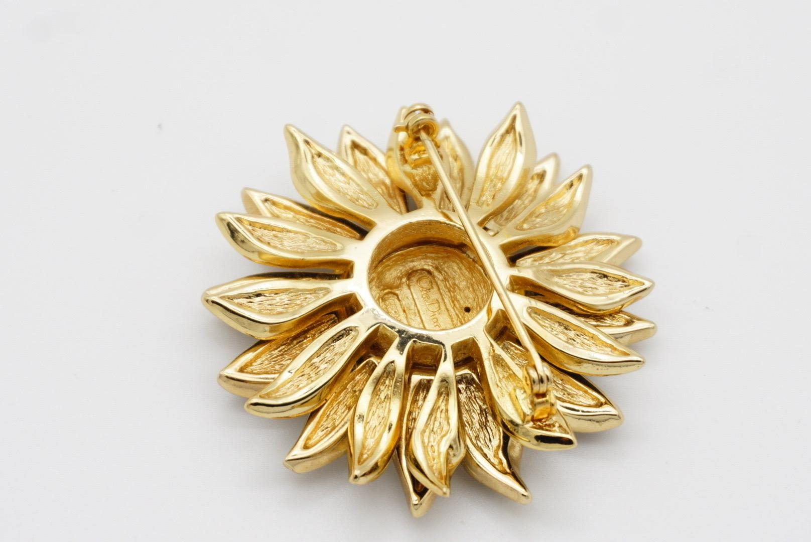 Christian Dior Vintage 1980s Crystals Black Petal Sunflower Double Layer Brooch 8