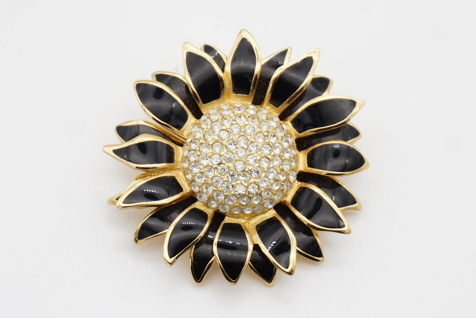 Christian Dior Vintage 1980s Crystals Black Petal Sunflower Double Layer Brooch For Sale 9