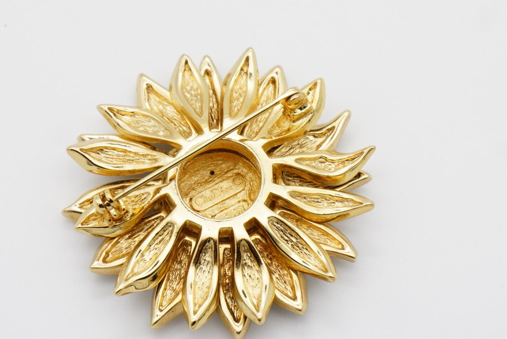Christian Dior Vintage 1980s Crystals Black Petal Sunflower Double Layer Brooch 9