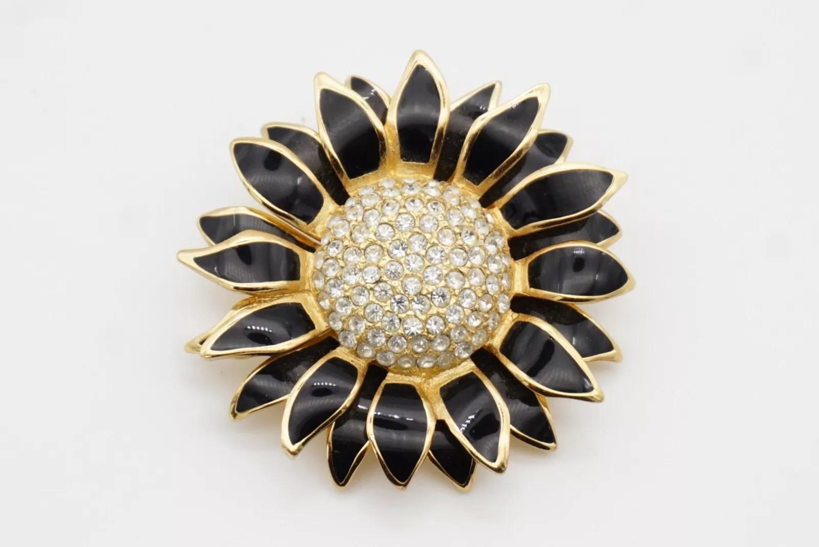 Christian Dior Vintage 1980er Jahre Kristalle Schwarzer Blütenblatt-Sonnenblumen-Doppellagige Brosche im Angebot 10