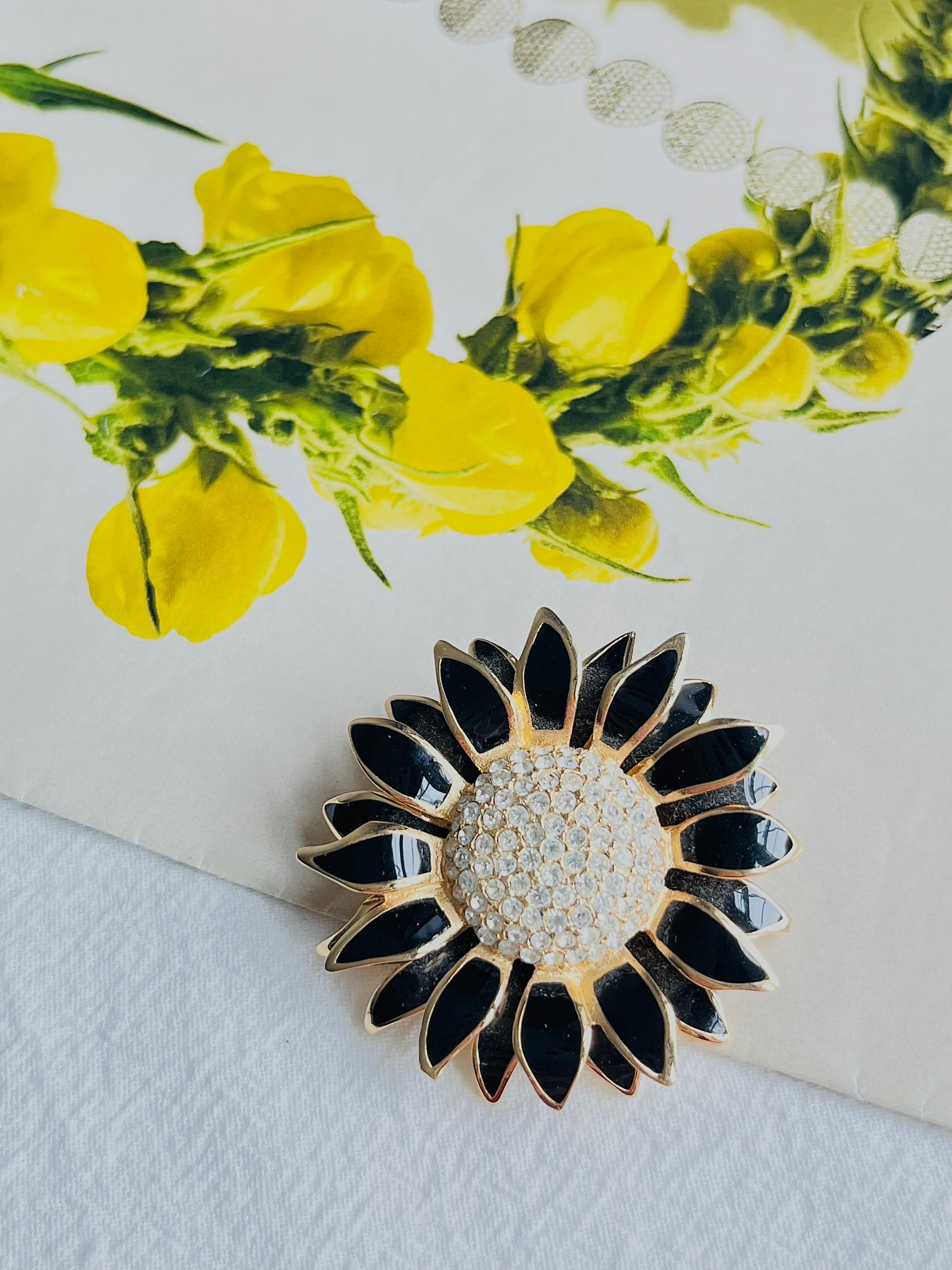 Art Deco Christian Dior Vintage 1980s Crystals Black Petal Sunflower Double Layer Brooch For Sale