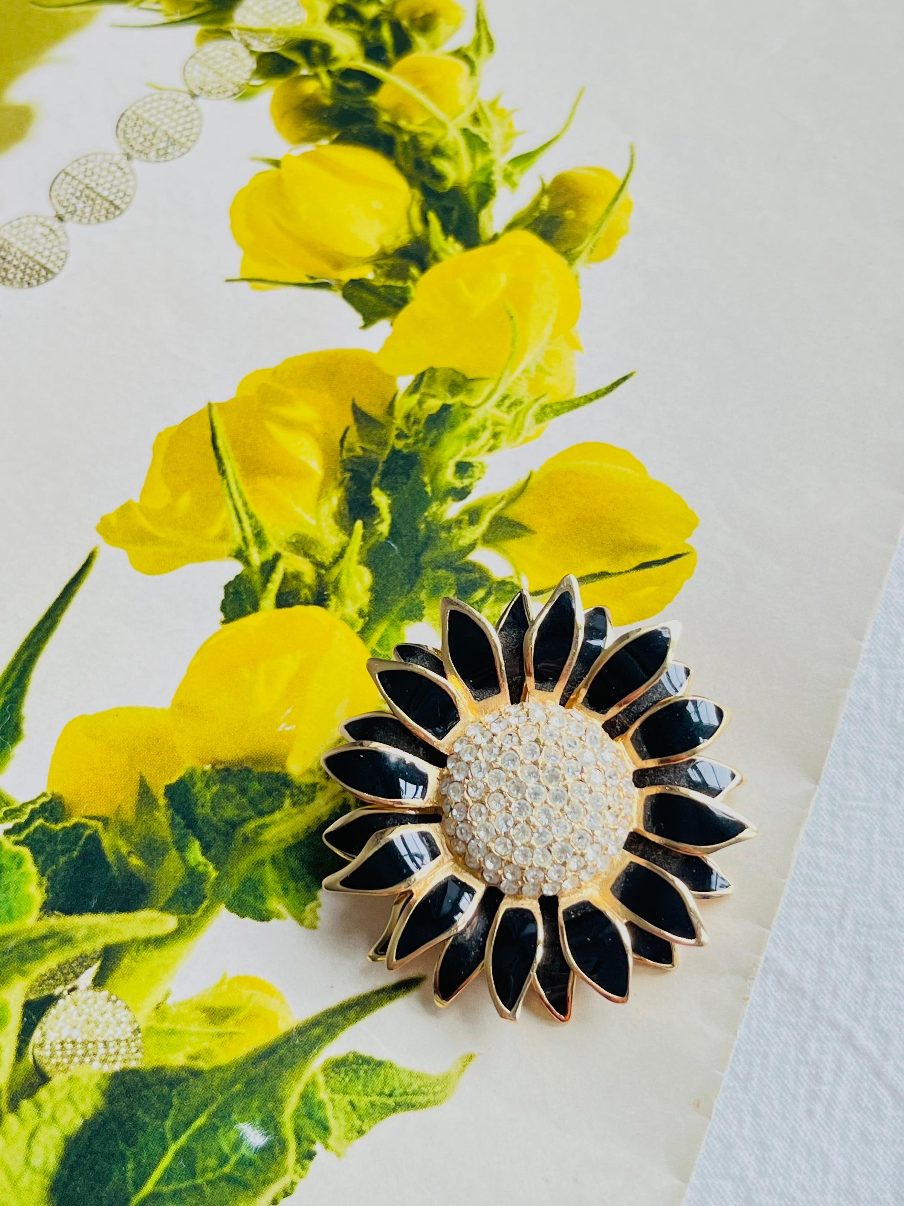Art Deco Christian Dior Vintage 1980s Crystals Black Petal Sunflower Double Layer Brooch