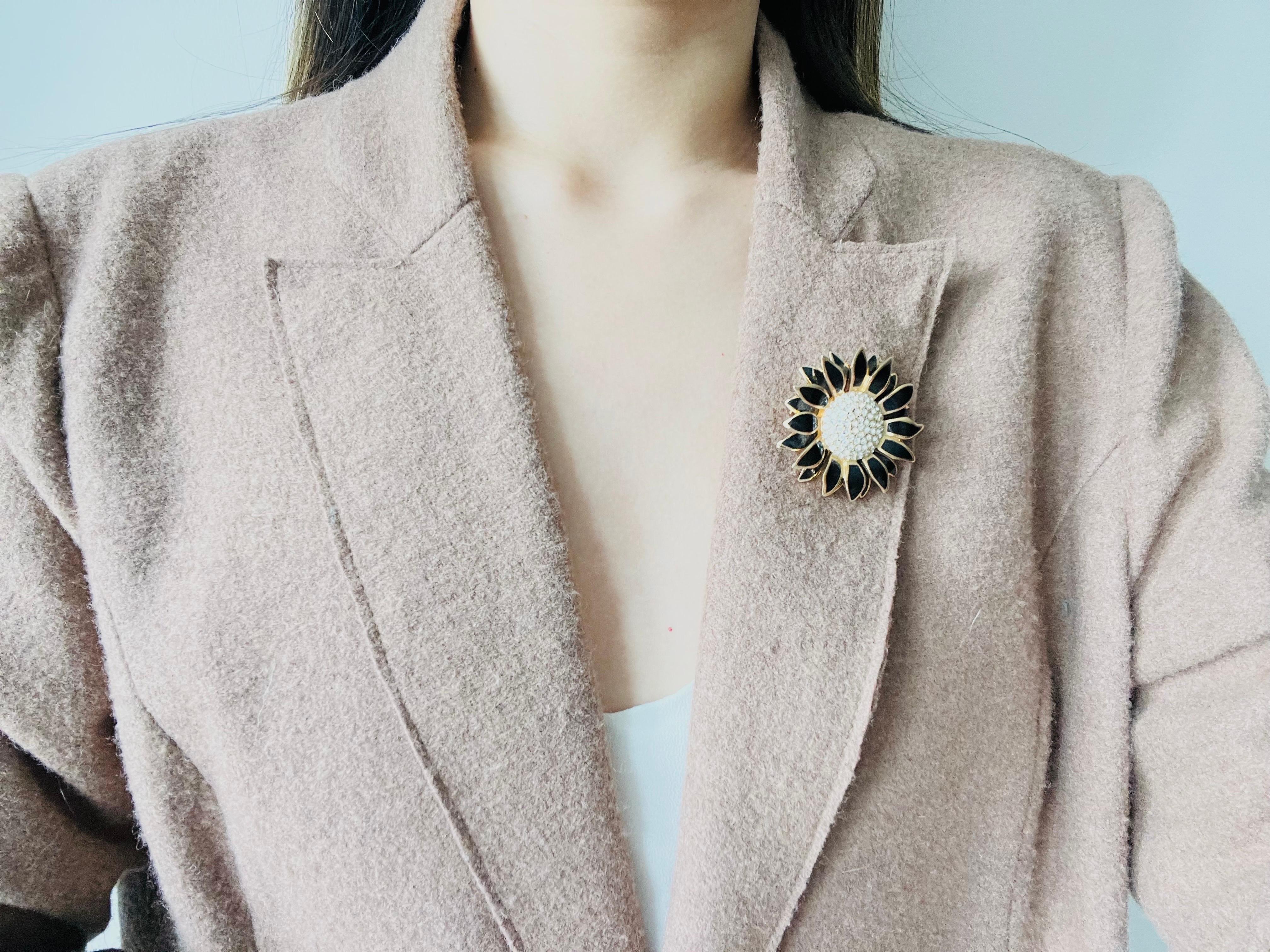Christian Dior Vintage 1980s Crystals Black Petal Sunflower Double Layer Brooch 1