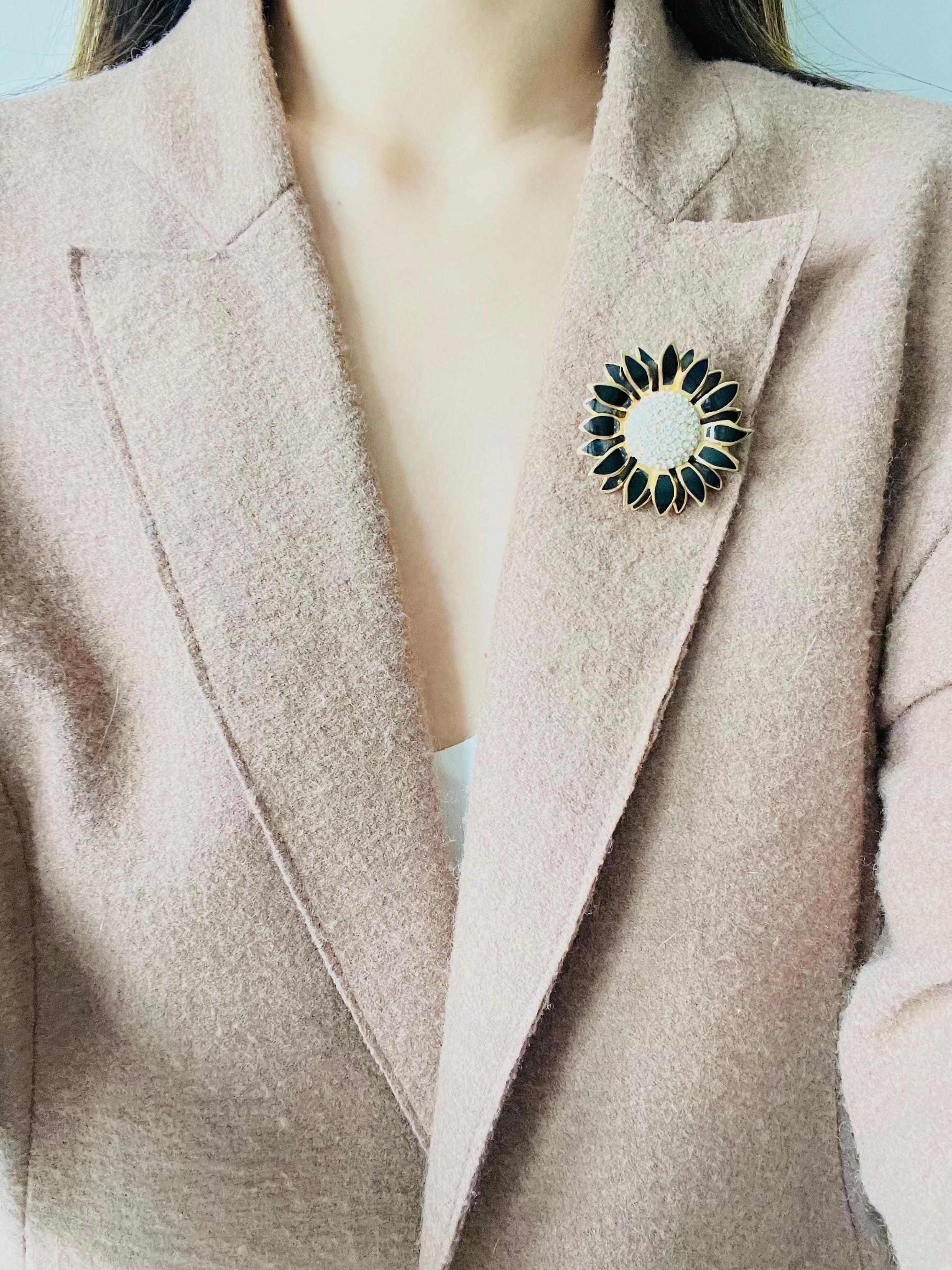Christian Dior Vintage 1980s Crystals Black Petal Sunflower Double Layer Brooch 2