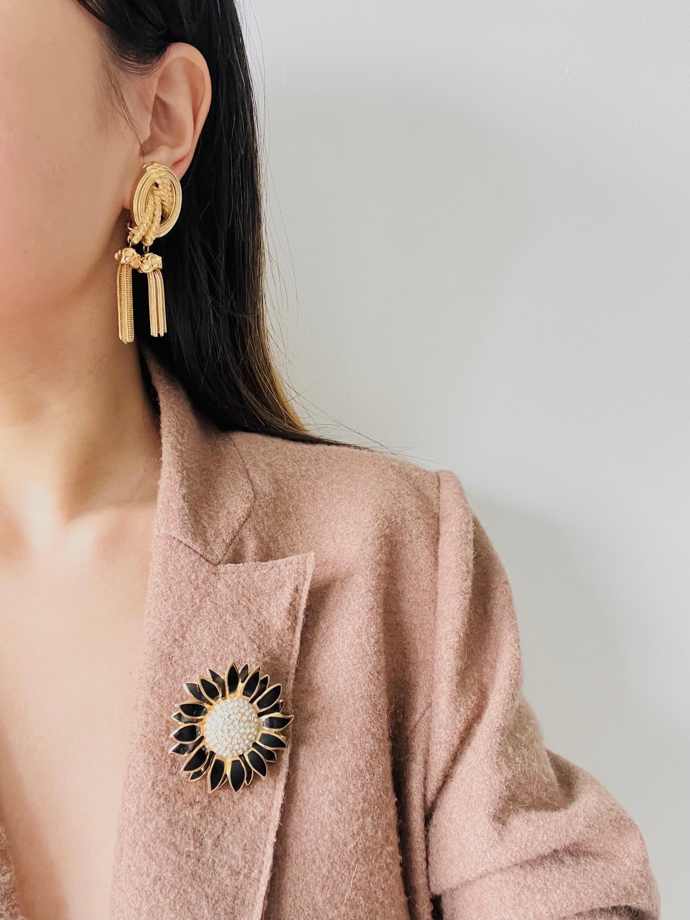 Christian Dior Vintage 1980s Crystals Black Petal Sunflower Double Layer Brooch 3
