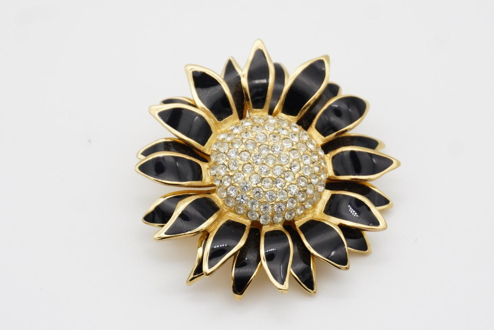 Christian Dior Vintage 1980s Crystals Black Petal Sunflower Double Layer Brooch For Sale 4