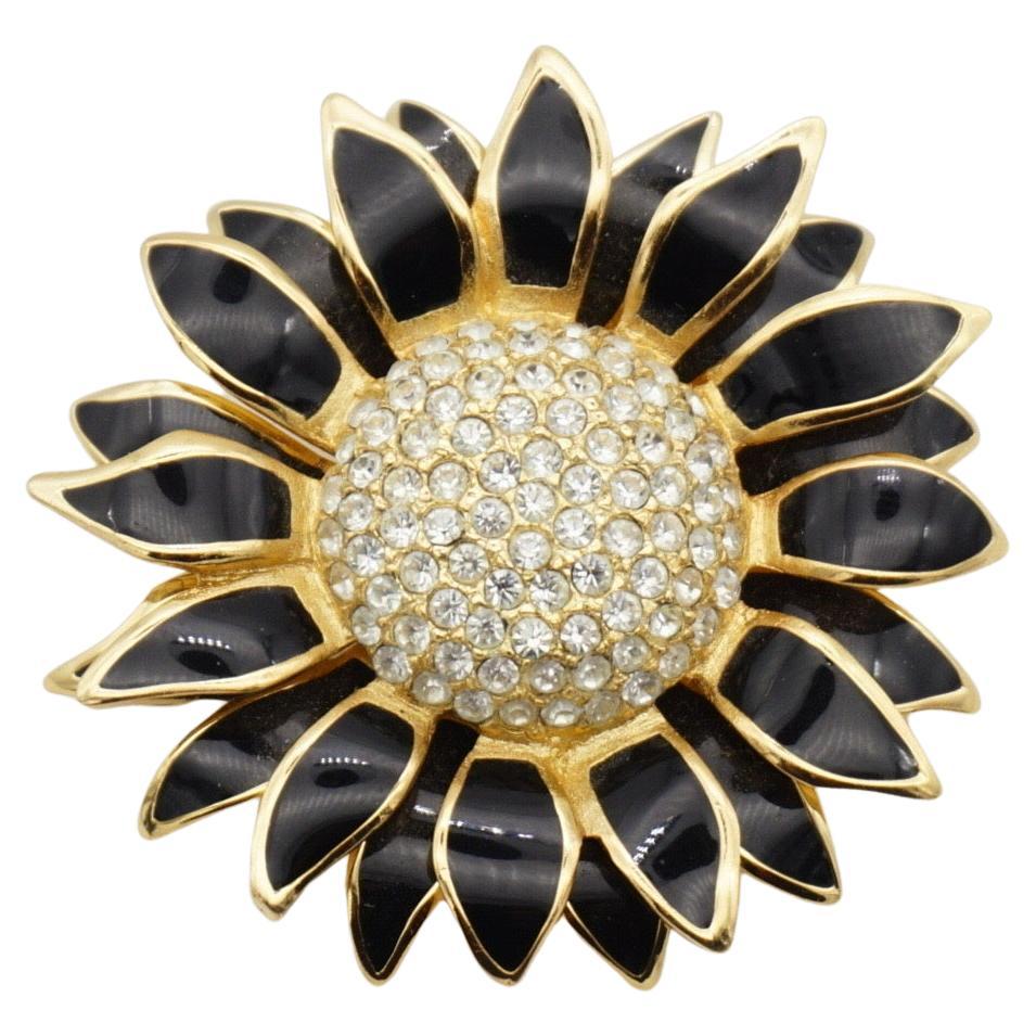 Christian Dior Vintage 1980s Crystals Black Petal Sunflower Double Layer Brooch For Sale