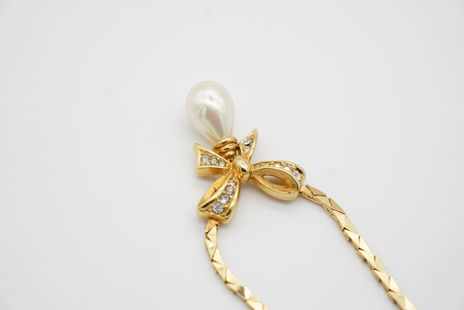 Christian Dior Vintage 1980s Crystals Bow Pearl Teardrop Gold Pendant Necklace For Sale 8