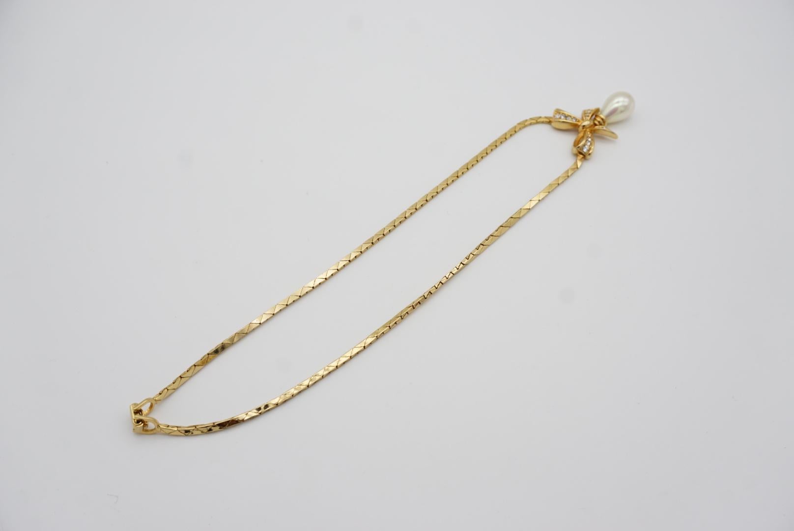 Christian Dior Vintage 1980s Crystals Bow Pearl Teardrop Gold Pendant Necklace For Sale 10