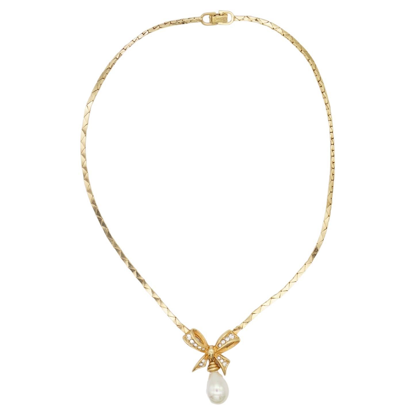 Christian Dior Vintage 1980s Crystals Bow Pearl Teardrop Gold Pendant Necklace 