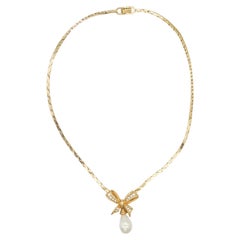 Christian Dior Used 1980s Crystals Bow Pearl Teardrop Gold Pendant Necklace 