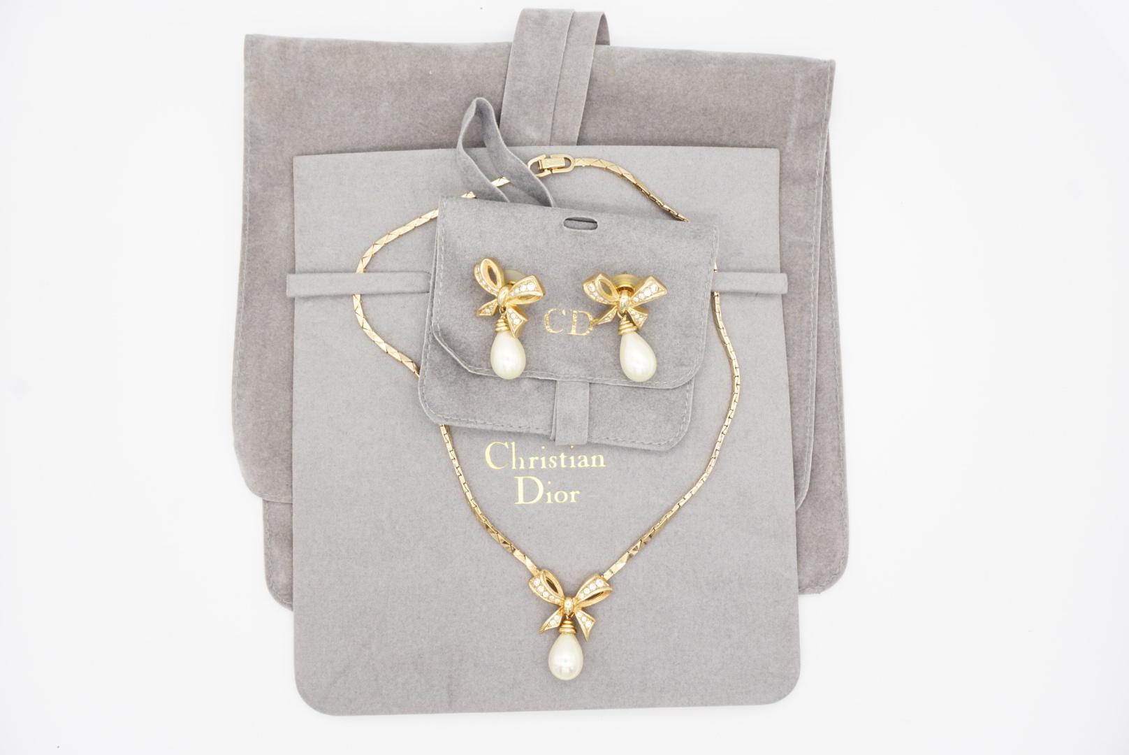 Christian Dior Vintage 1980s Crystals Bow Pearl Teardrop Set Necklace Earrings For Sale 5