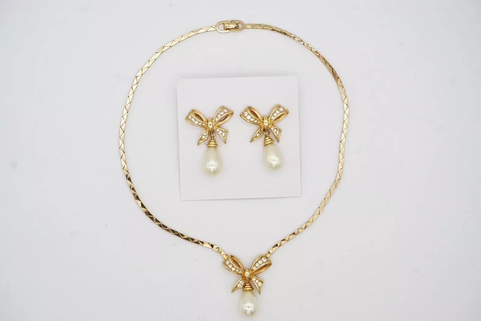 Christian Dior Vintage 1980s Crystals Bow Pearl Teardrop Set Necklace Earrings For Sale 6