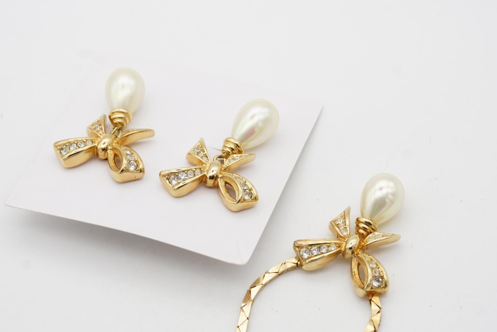 Christian Dior Vintage 1980s Crystals Bow Pearl Teardrop Set Necklace Earrings For Sale 4