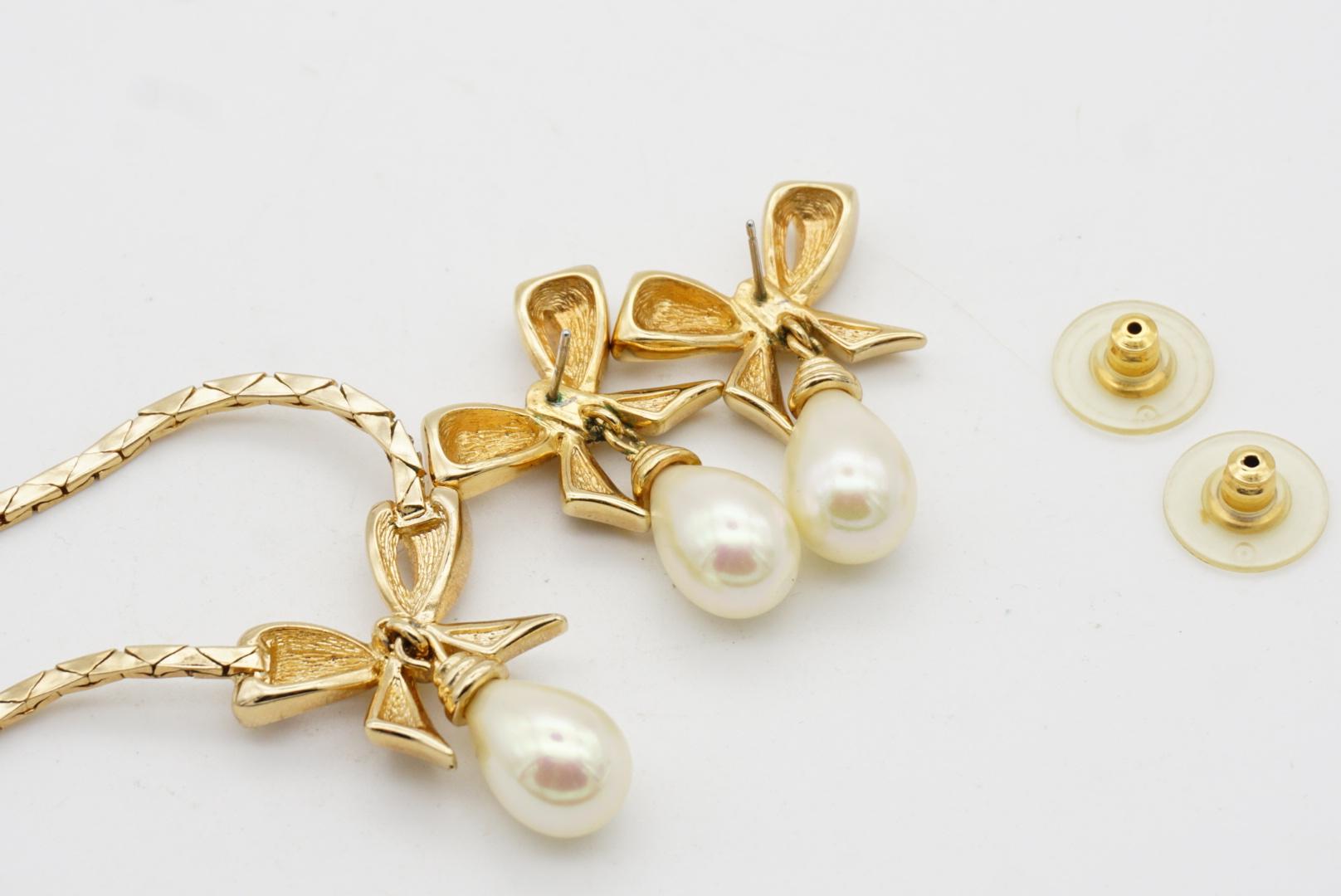 Christian Dior Vintage 1980s Crystals Bow Pearl Teardrop Set Necklace Earrings For Sale 5