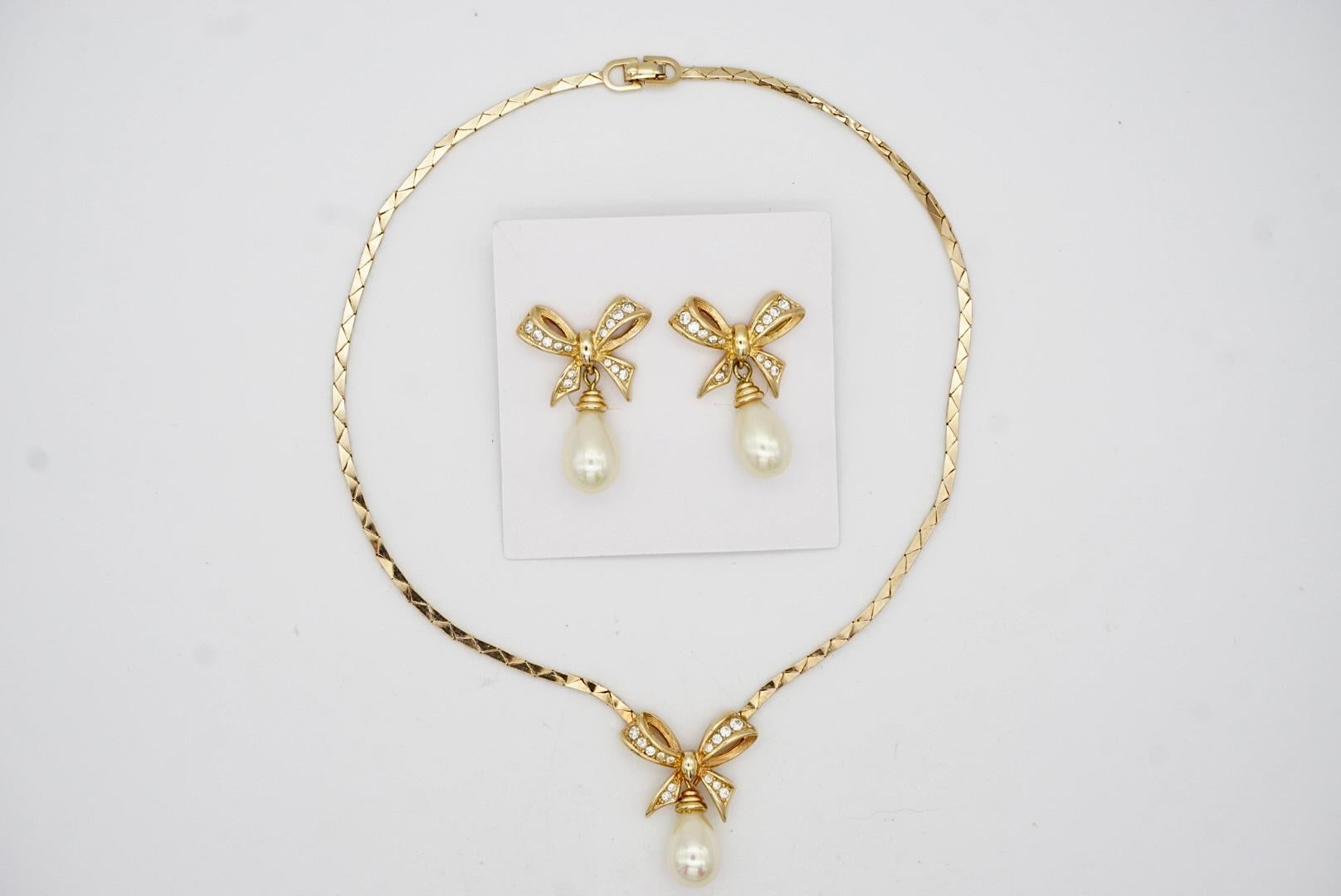 Christian Dior Vintage 1980s Crystals Bow Pearl Teardrop Set Necklace Earrings For Sale 1