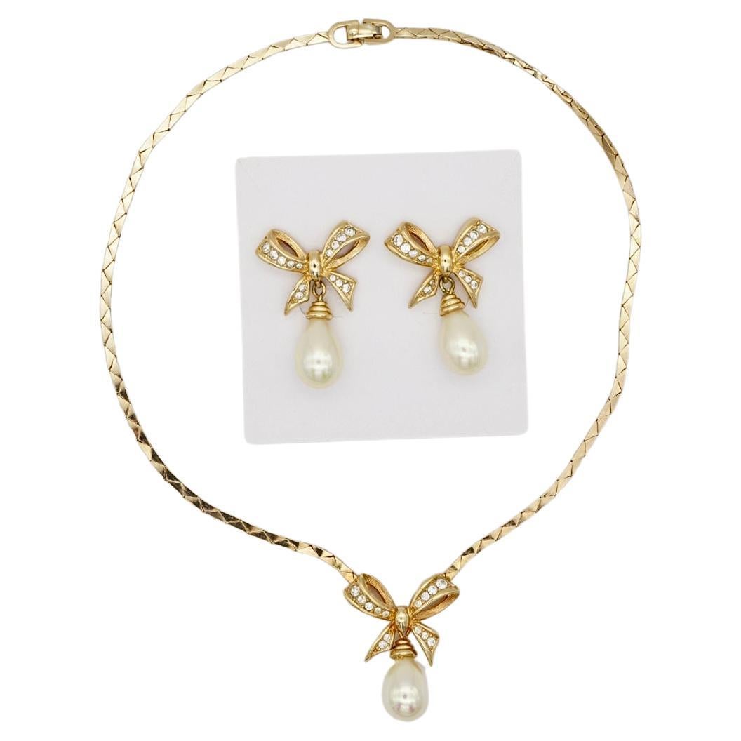 Christian Dior Vintage 1980s Crystals Bow Pearl Teardrop Set Necklace Earrings For Sale