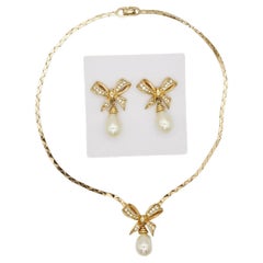 Christian Dior Vintage 1980s Crystals Bow Pearl Teardrop Set Necklace Earrings