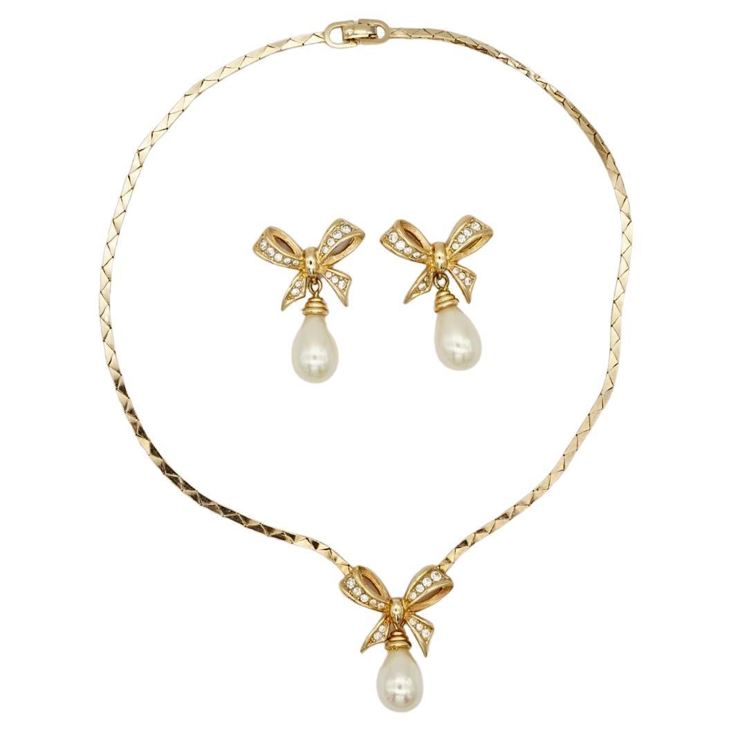Christian Dior Vintage 1980s Crystals Bow Pearl Teardrop Set Necklace Earrings For Sale