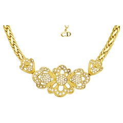 Christian Dior Vintage 1980s Crystals Braided Cluster Flower Openwork Necklace