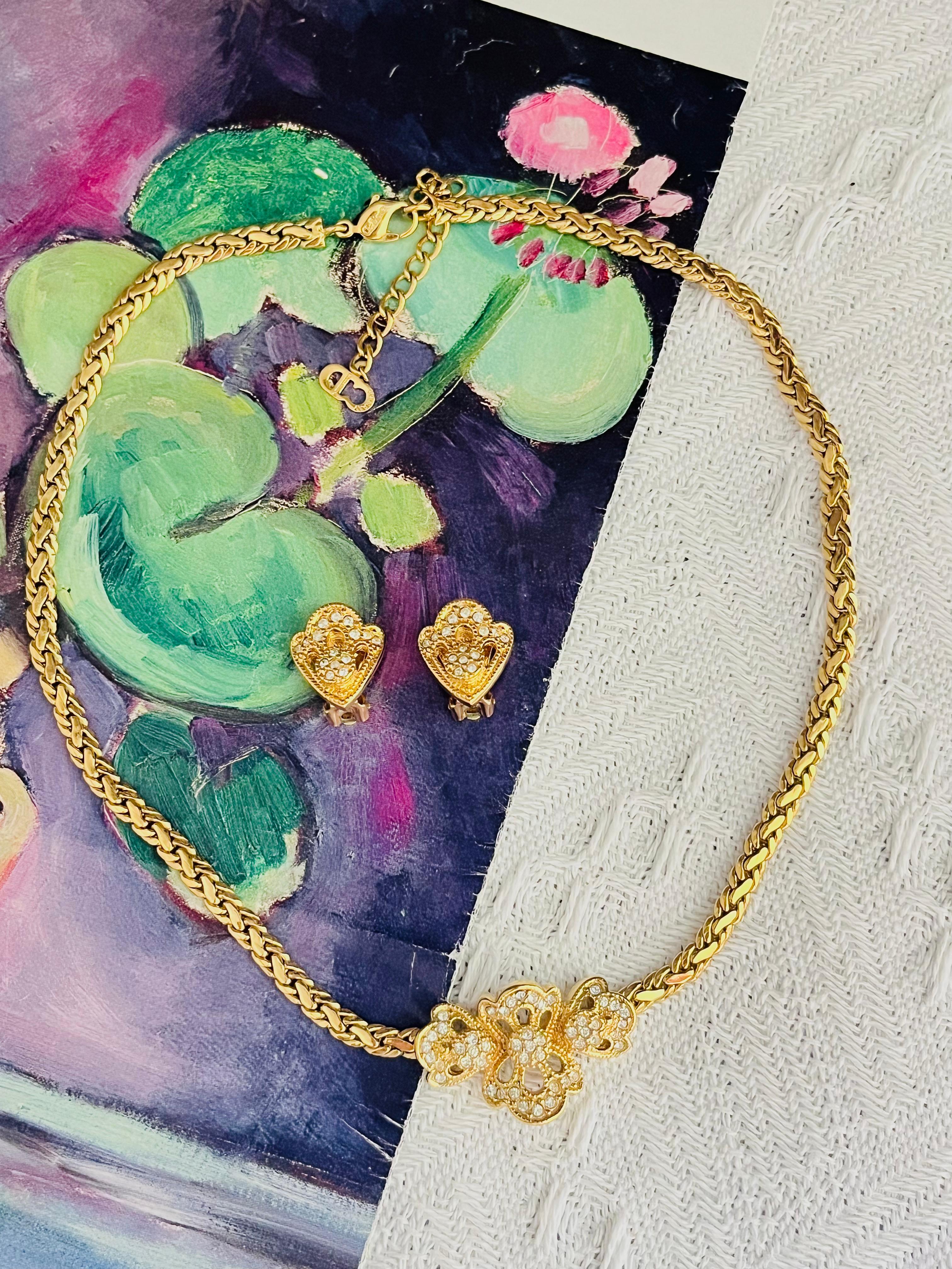 Art Deco Christian Dior Vintage 1980s Crystals Cluster Flower Openwork Braided Chain Set For Sale