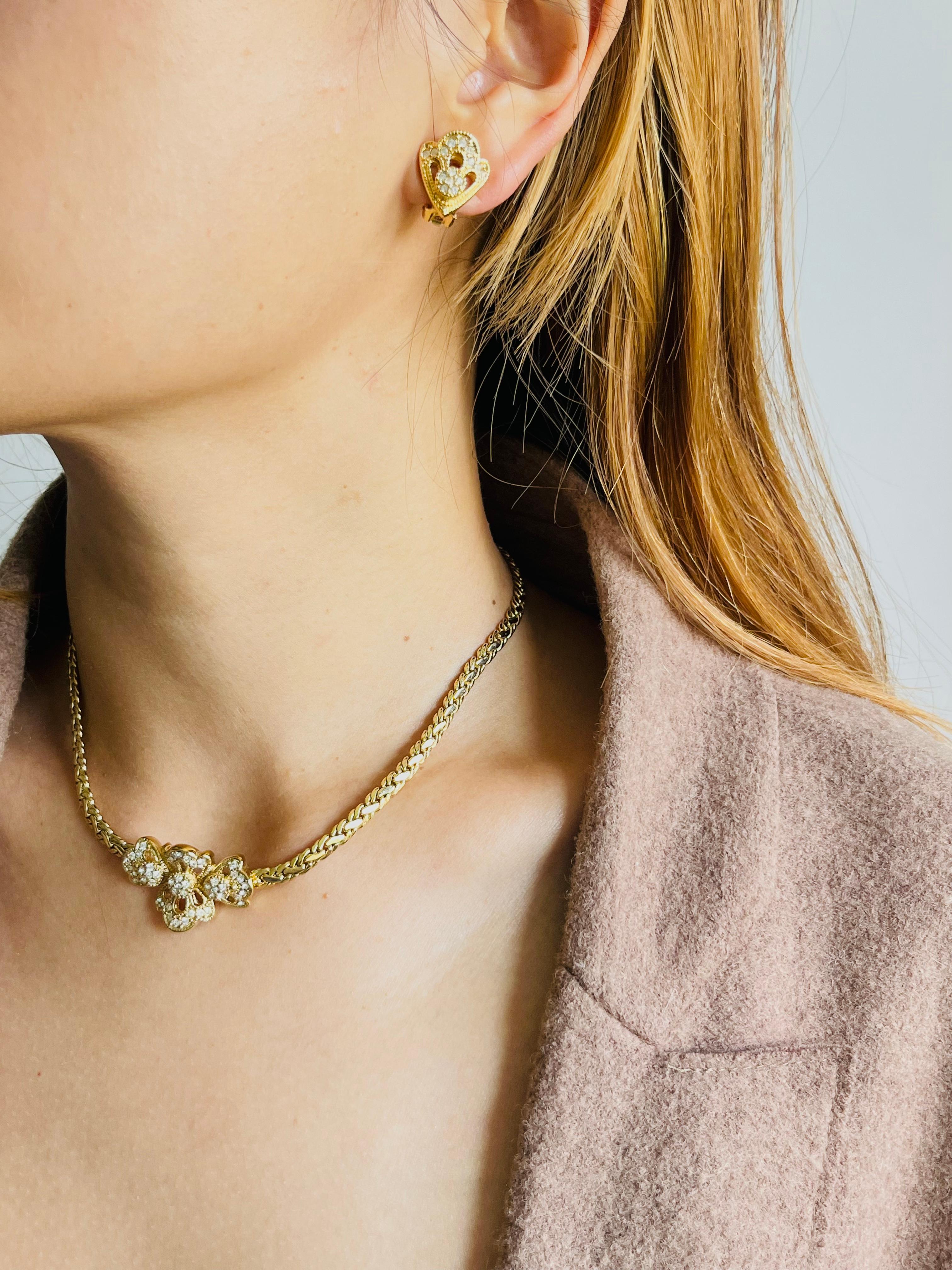 Christian Dior Vintage 1980s Crystals Cluster Flower Openwork Braided Chain Set In Excellent Condition For Sale In Wokingham, England