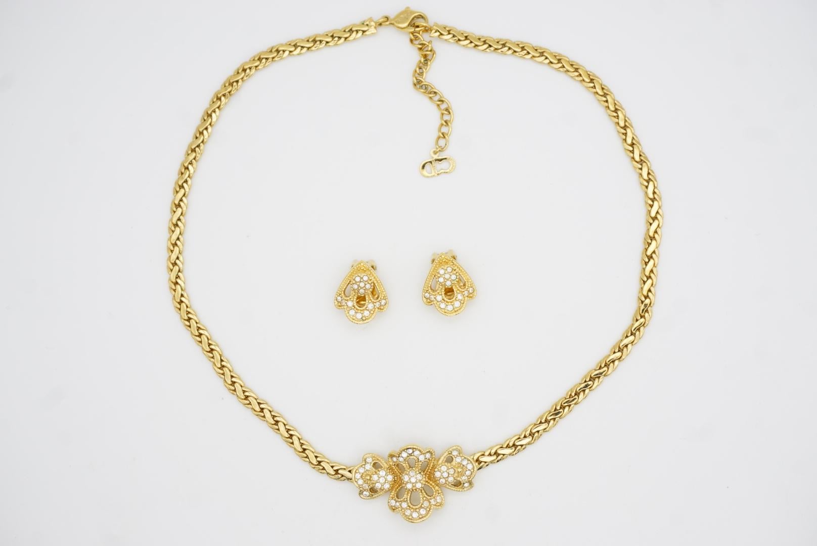 Christian Dior Vintage 1980s Crystals Cluster Flower Openwork Braided Chain Set For Sale 4