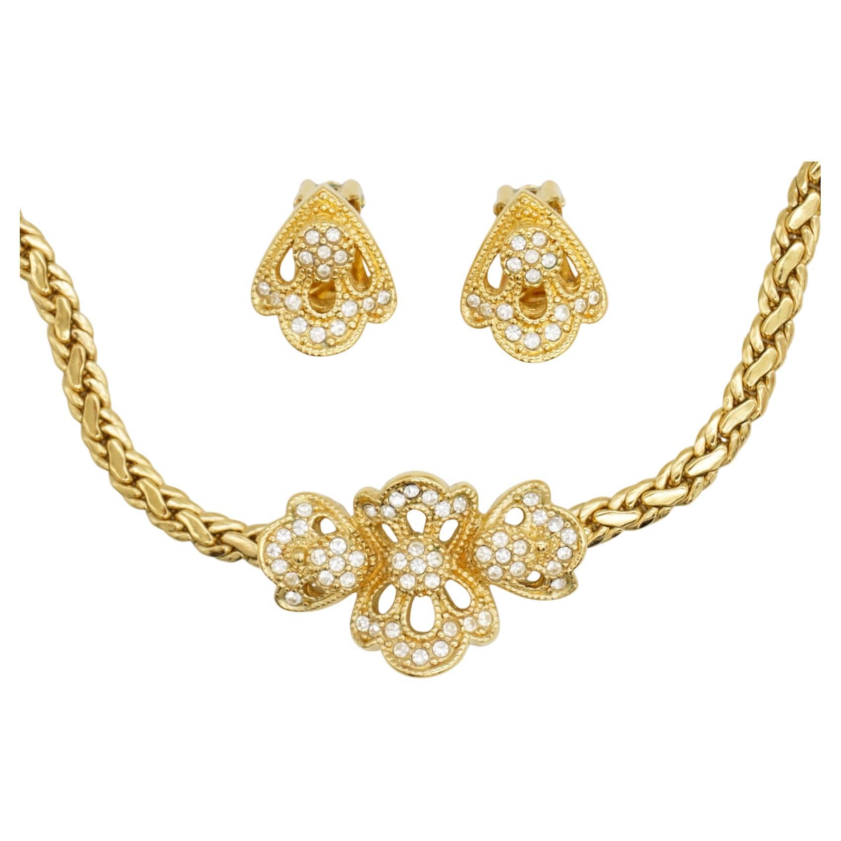 Christian Dior Vintage 1980s Kristalle Cluster Blume durchbrochene geflochtene Kette Set