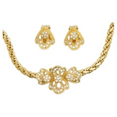 Christian Dior Vintage 1980s Crystals Cluster Flower Openwork Braided Chain Set