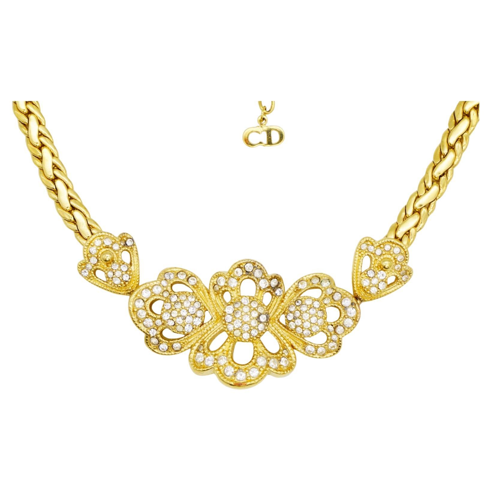 Christian Dior Vintage 1980 Crystals Cluster Flower Openwork Braided Necklace (collana intrecciata)