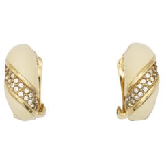 Christian Dior Vintage 1980s Crystals Cream Enamel Hoop Gold Clip On Earrings