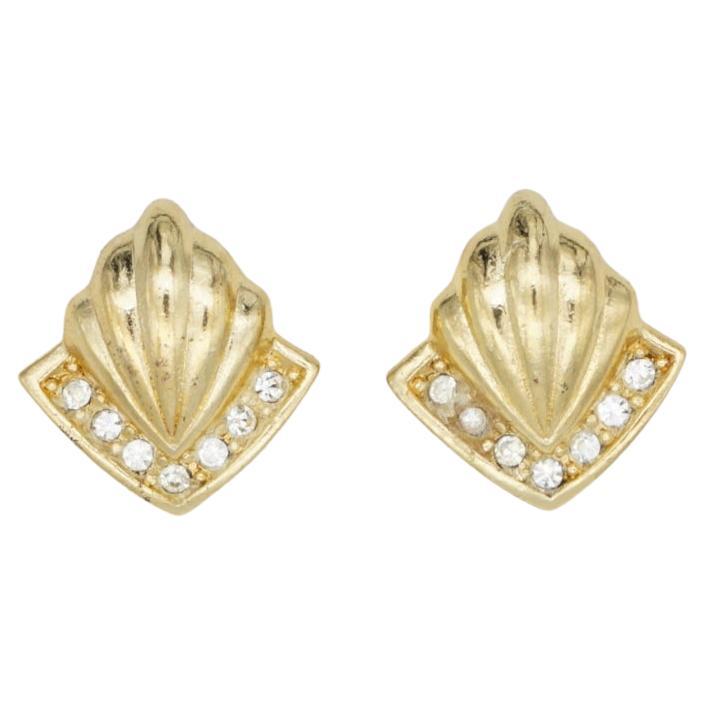 Christian Dior Vintage 1980s Crystals Fan Shell Triangle Elegant Clip Earrings
