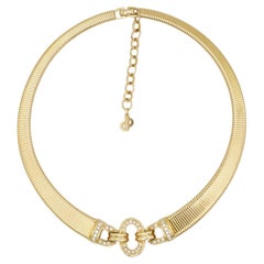 Christian Dior Vintage 1980s Crystals Interlocked Linked Ribbed Omega Necklace