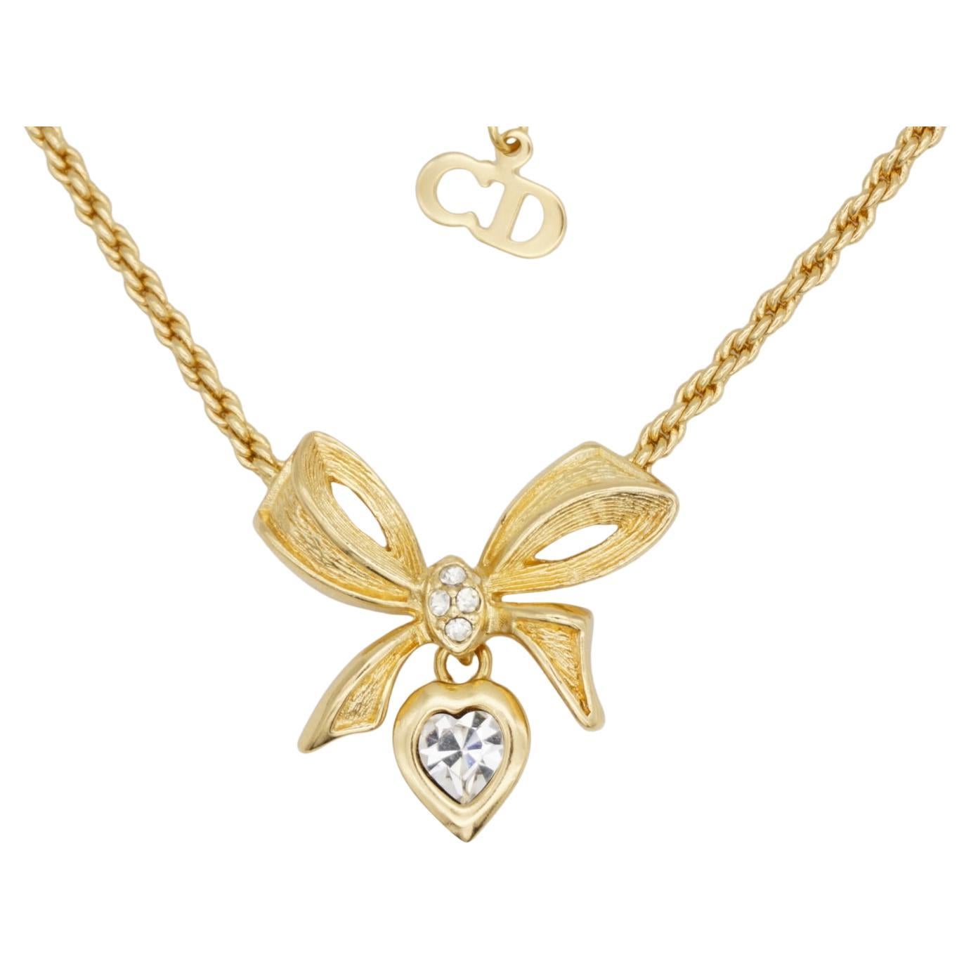 Christian Dior Vintage 1980s Crystals Knot Bow Dangle Drop Heart Love Necklace