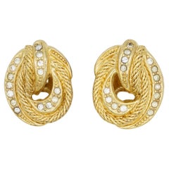 Christian Dior Vintage 1980s Crystals Knot Twist Rope Openwork Clip Earrings