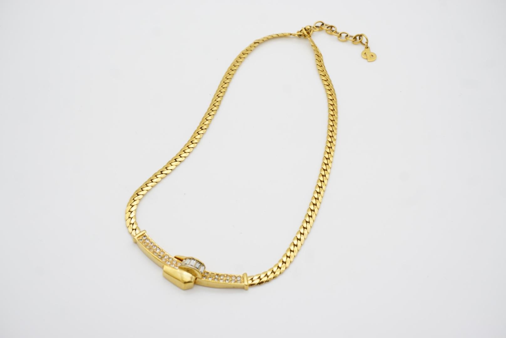 Christian Dior Vintage 1980s Crystals Lock Long Bar Twist Pendant Gold Necklace 6