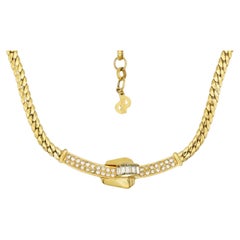 Christian Dior Vintage 1980s Crystals Lock Long Bar Twist Pendant Gold Necklace