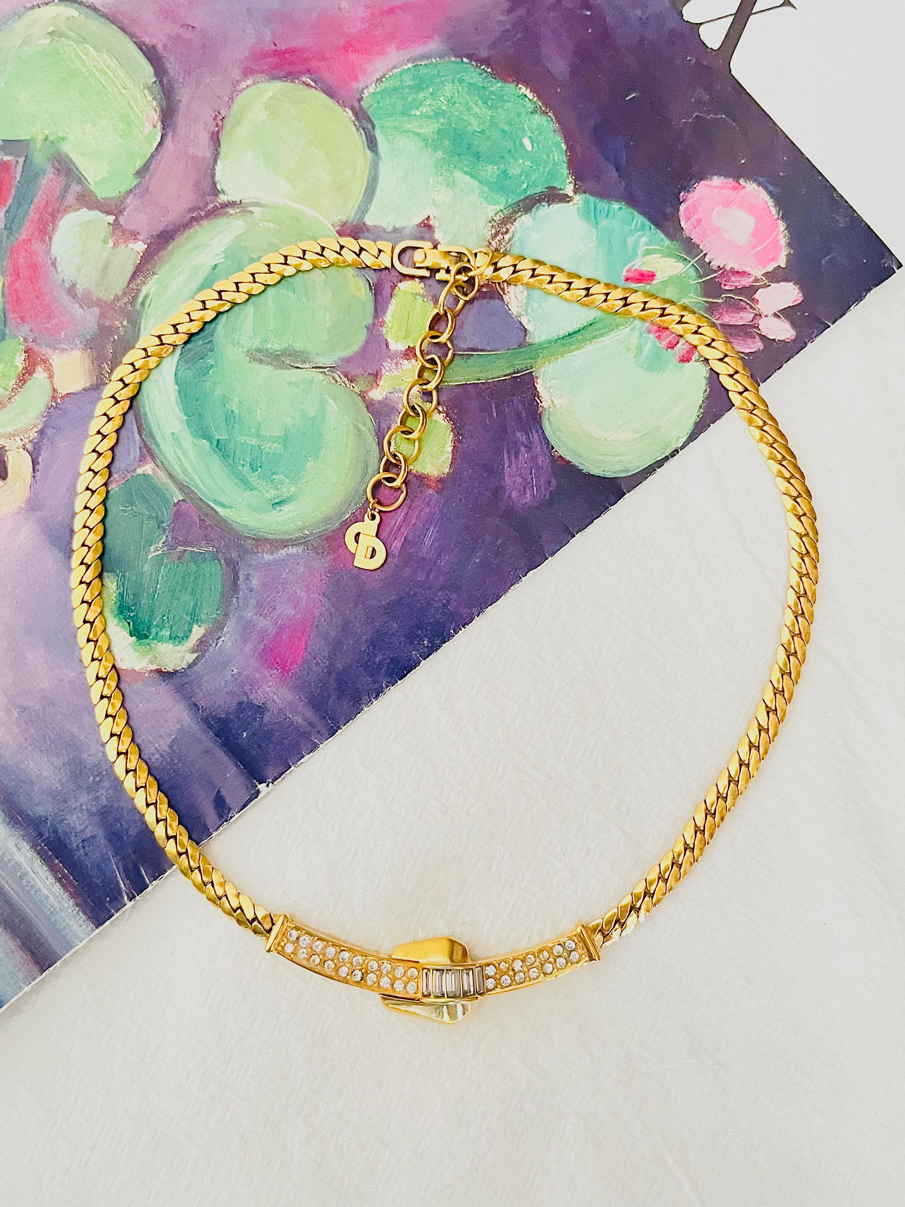 Art Deco Christian Dior Vintage 1980s Crystals Lock Long Bar Twist Pendant Gold Necklace